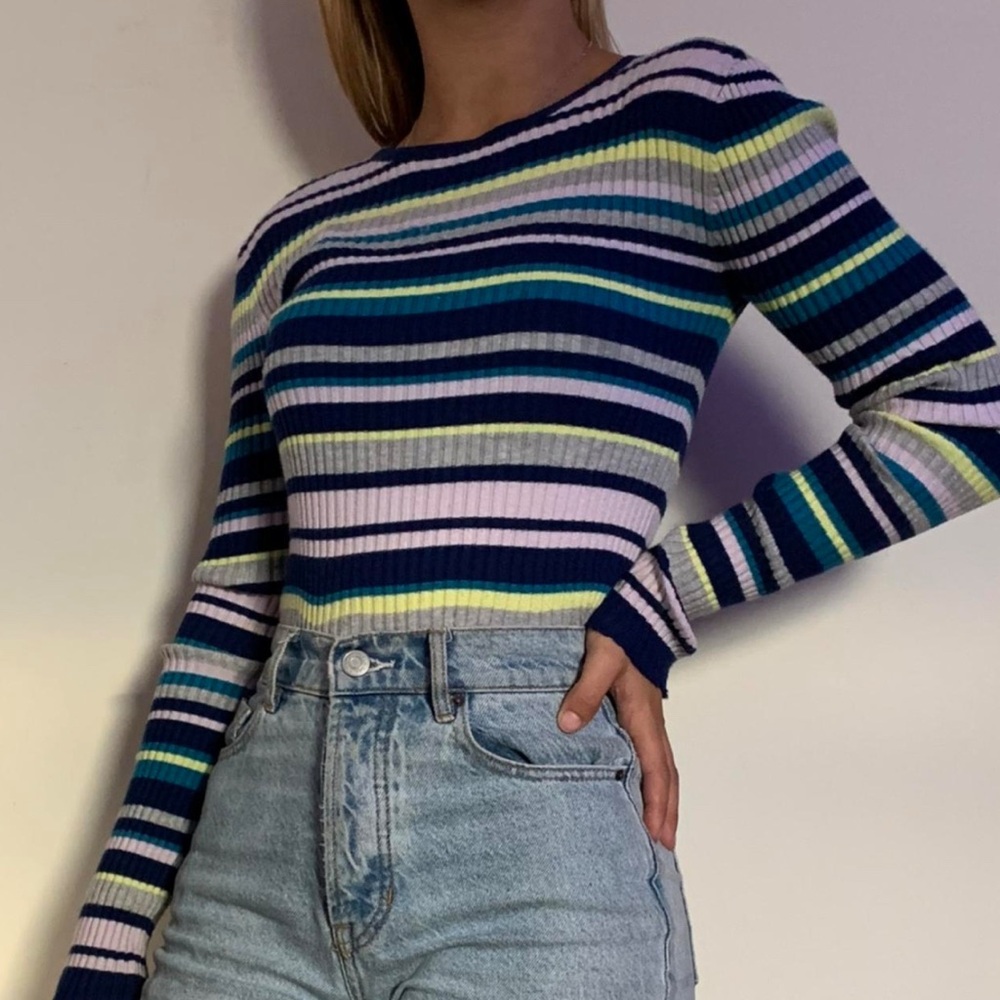 Garage Blue and White Ribbed Fitted Long Sleeve Tee